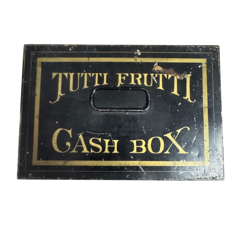 Vintage Tutti Frutti Metal Cash Box Black Gold Litho Security Tin with Keys